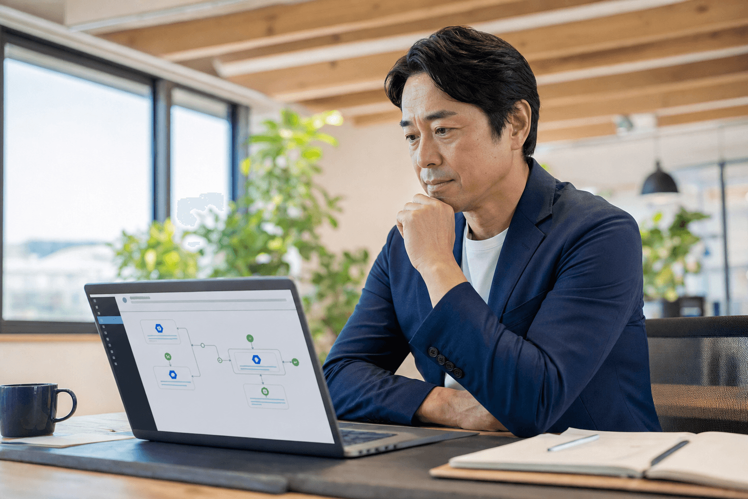 AIエージェント導入後の運用状況を確認するビジネスパーソン