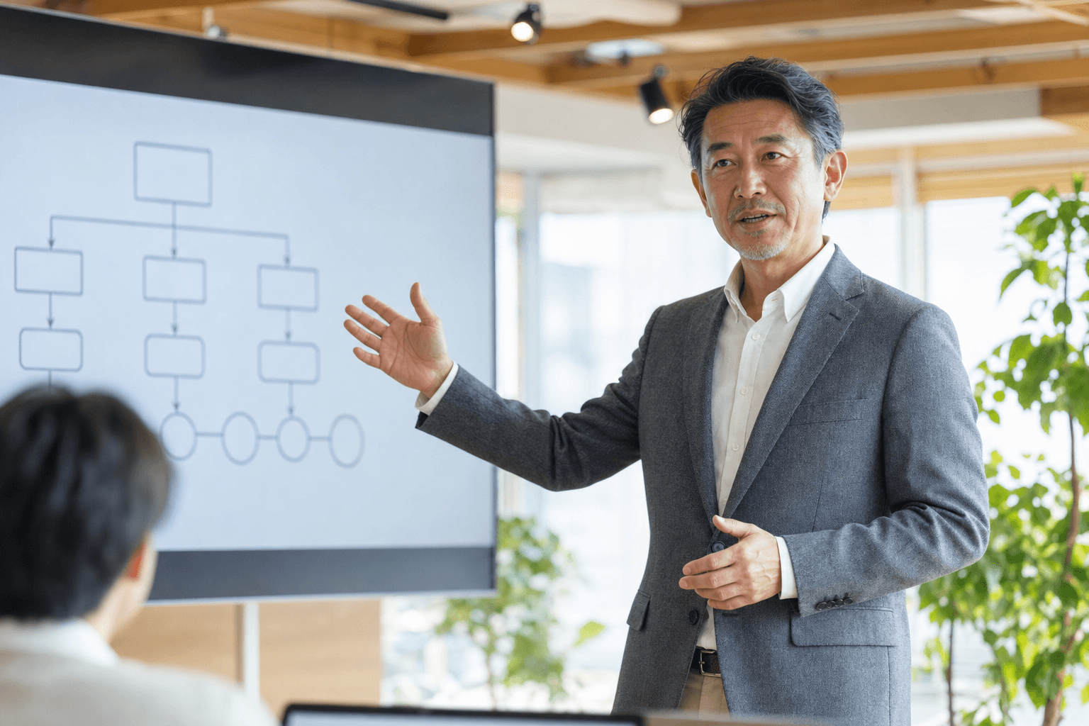 スクリーンに映した図を指しながら同僚に説明するシニアのビジネスパーソン