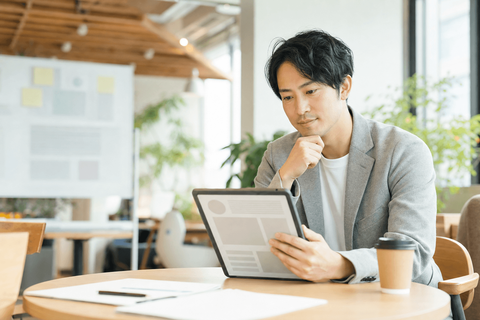 タブレットに表示された下書き資料を確認しながら考え込むビジネスパーソン