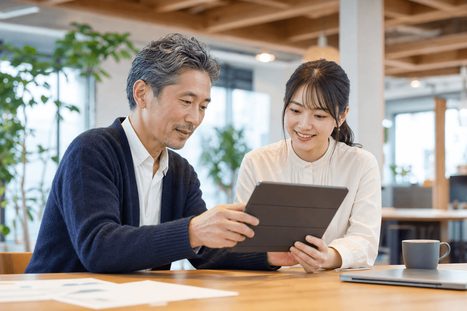 社内ガイドラインについて確認し合う2人のビジネスパーソン